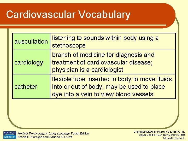 Cardiovascular Vocabulary auscultation cardiology catheter listening to sounds within body using a stethoscope branch