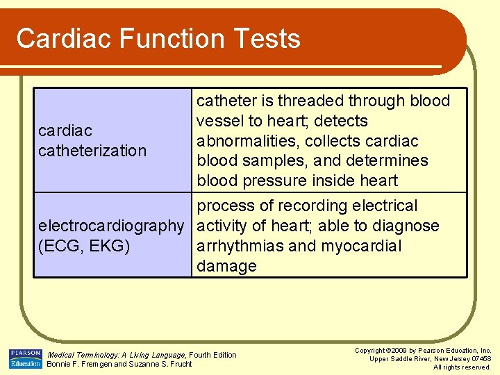 Cardiac Function Tests cardiac catheterization catheter is threaded through blood vessel to heart; detects