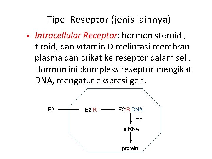 Tipe Reseptor (jenis lainnya) • Intracellular Receptor: hormon steroid , tiroid, dan vitamin D