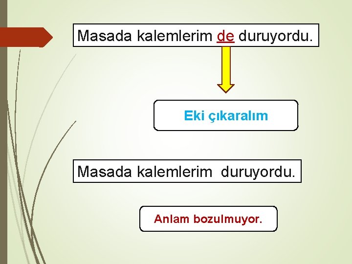 Masada kalemlerim de duruyordu. Eki çıkaralım Masada kalemlerim duruyordu. Anlam bozulmuyor. 
