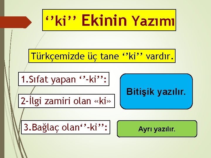 ‘’ki’’ Ekinin Yazımı Türkçemizde üç tane ‘’ki’’ vardır. 1. Sıfat yapan ‘’-ki’’: 2 -İlgi