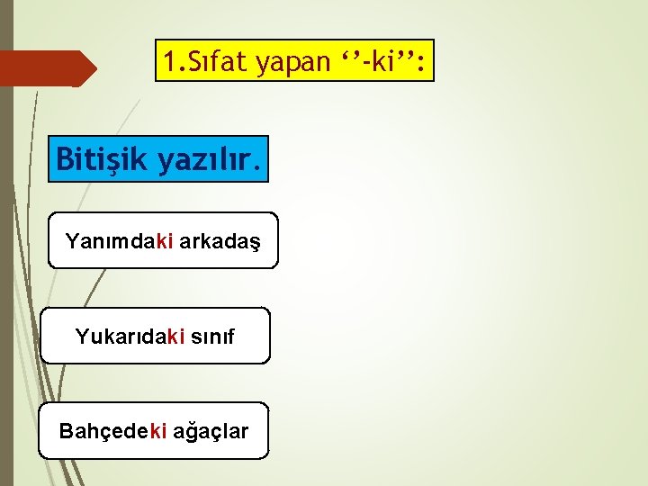 1. Sıfat yapan ‘’-ki’’: Bitişik yazılır. Yanımdaki arkadaş Yukarıdaki sınıf Bahçedeki ağaçlar 