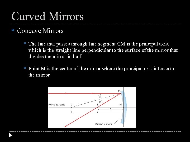 Curved Mirrors Concave Mirrors The line that passes through line segment CM is the