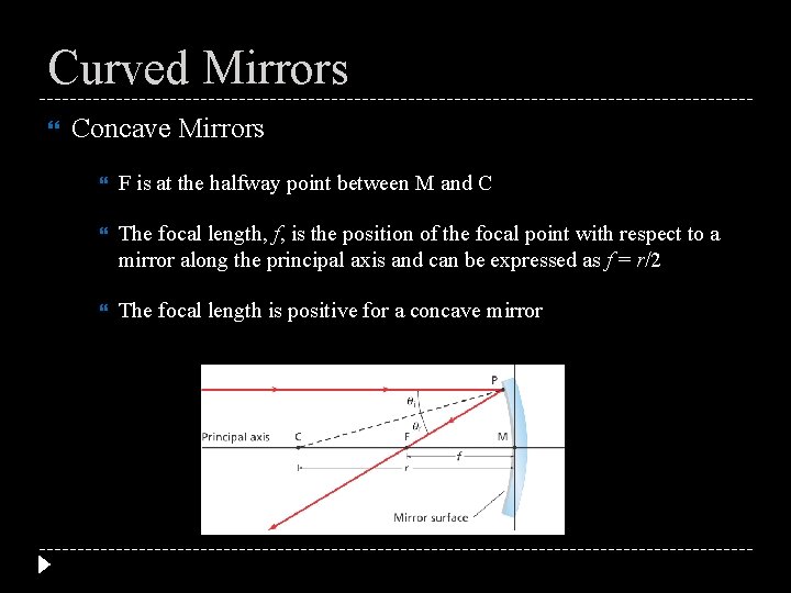 Curved Mirrors Concave Mirrors F is at the halfway point between M and C