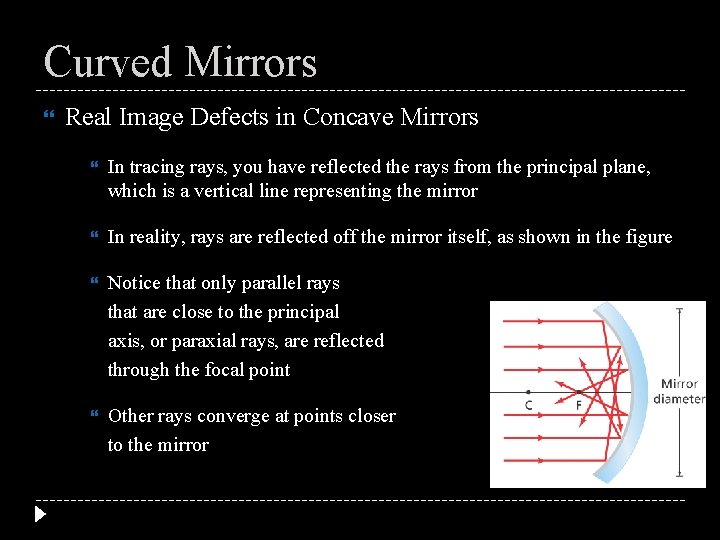 Curved Mirrors Real Image Defects in Concave Mirrors In tracing rays, you have reflected
