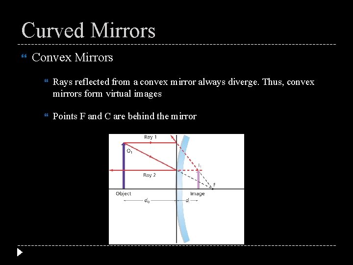 Curved Mirrors Convex Mirrors Rays reflected from a convex mirror always diverge. Thus, convex