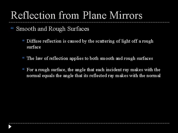 Reflection from Plane Mirrors Smooth and Rough Surfaces Diffuse reflection is caused by the