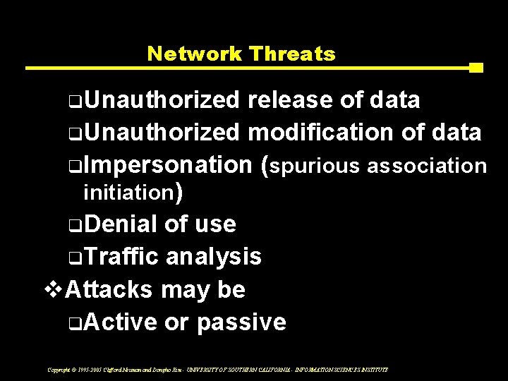 Network Threats q. Unauthorized release of data q. Unauthorized modification of data q. Impersonation