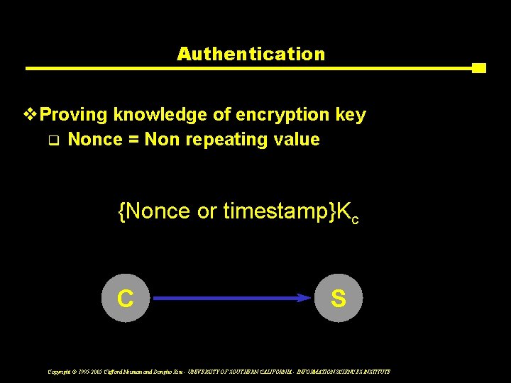 Authentication v. Proving knowledge of encryption key q Nonce = Non repeating value {Nonce