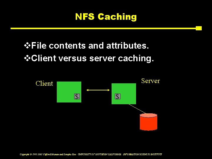 NFS Caching v. File contents and attributes. v. Client versus server caching. Server Client