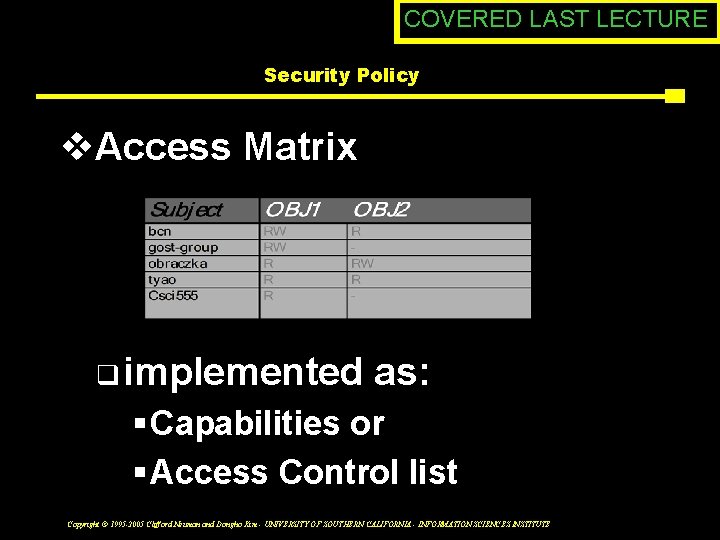 COVERED LAST LECTURE Security Policy v. Access Matrix q implemented as: § Capabilities or