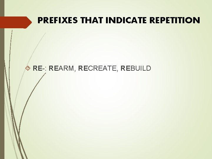 PREFIXES THAT INDICATE REPETITION RE-: REARM, RECREATE, REBUILD 