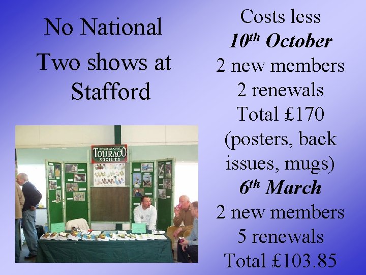 No National Two shows at Stafford Costs less 10 th October 2 new members