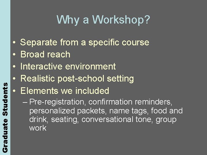 Graduate Students Why a Workshop? • • • Separate from a specific course Broad