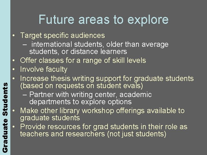 Graduate Students Future areas to explore • Target specific audiences – international students, older