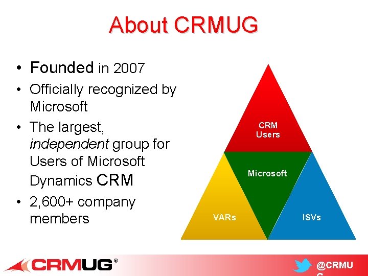 About CRMUG • Founded in 2007 • Officially recognized by Microsoft • The largest,