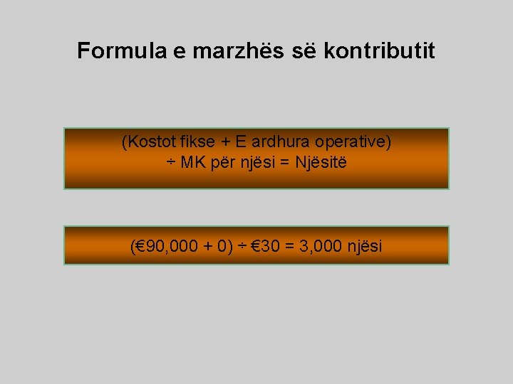 Formula e marzhës së kontributit (Kostot fikse + E ardhura operative) ÷ MK për