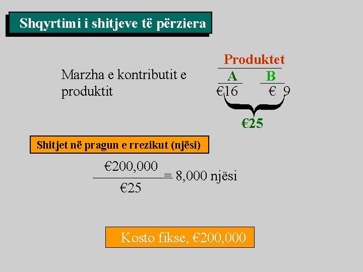 Shqyrtimi i shitjeve të përziera Marzha e kontributit e produktit Produktet A B €