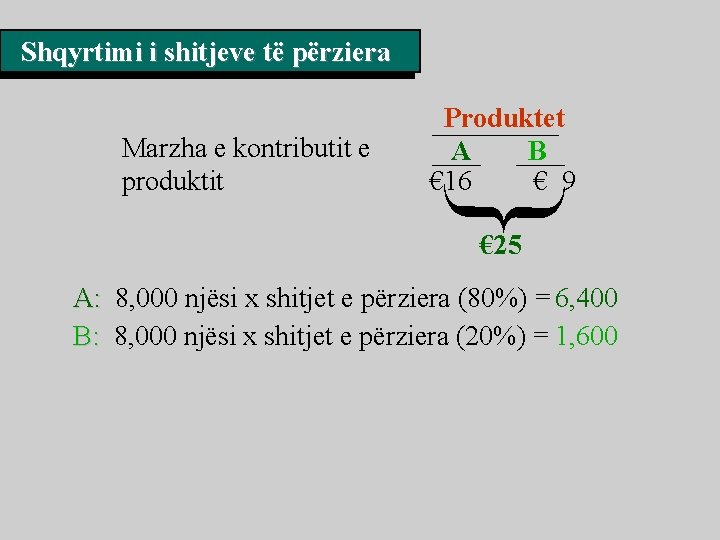Shqyrtimi i shitjeve të përziera Marzha e kontributit e produktit Produktet A B €