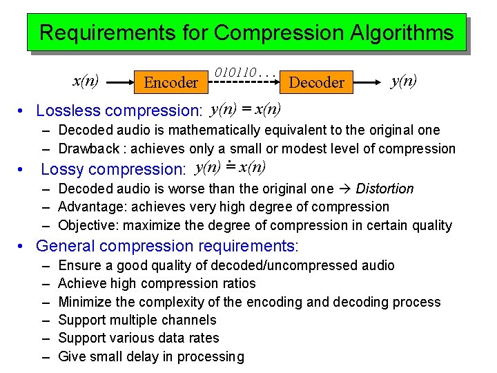 Requirements for Compression Algorithms x(n) Encoder 010110. . . Decoder y(n) • Lossless compression: