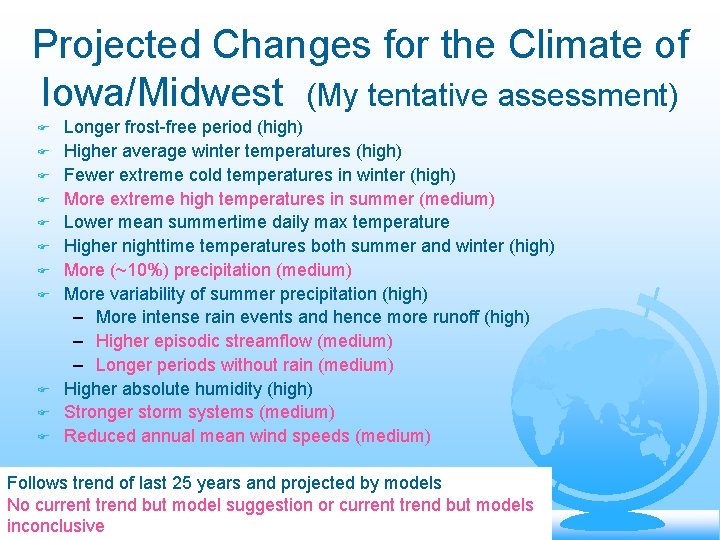Projected Changes for the Climate of Iowa/Midwest (My tentative assessment) Longer frost-free period (high)
