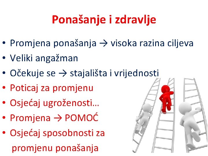 Ponašanje i zdravlje • • Promjena ponašanja → visoka razina ciljeva Veliki angažman Očekuje