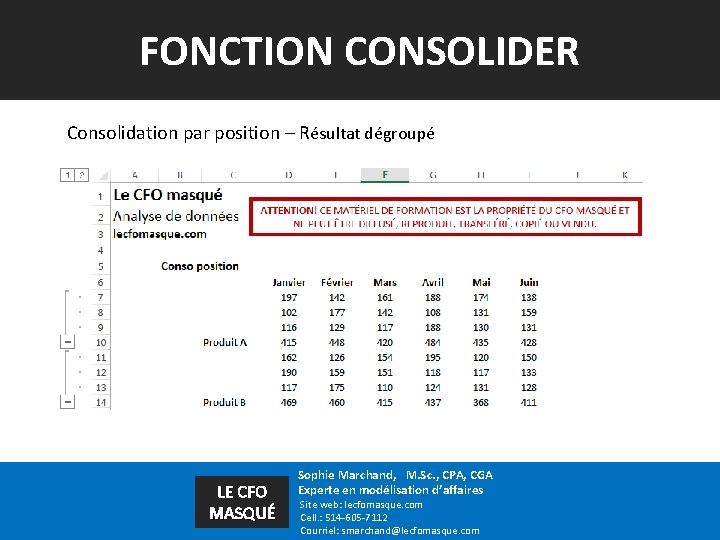 FONCTION CONSOLIDER Consolidation par position – Résultat dégroupé LE CFO MASQUÉ Sophie Marchand, M.