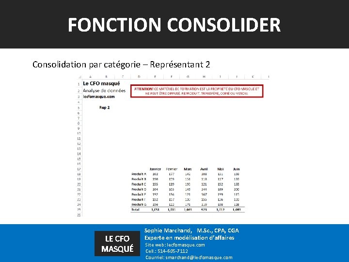 FONCTION CONSOLIDER Consolidation par catégorie – Représentant 2 LE CFO MASQUÉ Sophie Marchand, M.