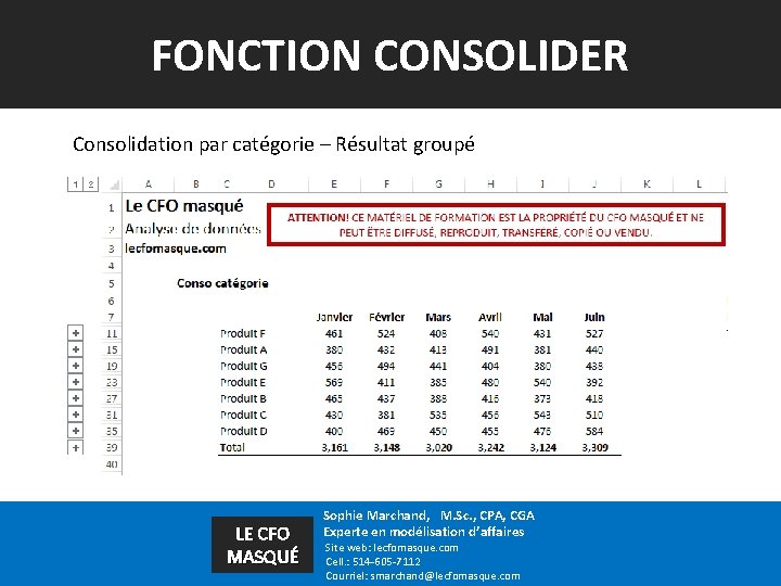 FONCTION CONSOLIDER Consolidation par catégorie – Résultat groupé LE CFO MASQUÉ Sophie Marchand, M.