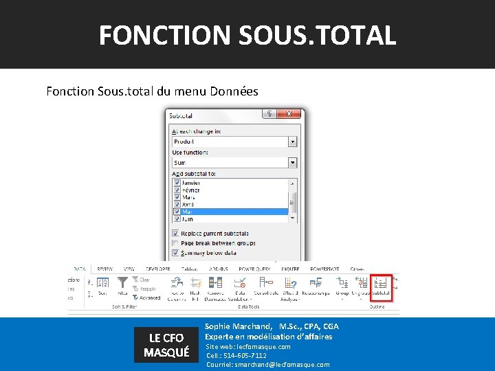 FONCTION SOUS. TOTAL Fonction Sous. total du menu Données LE CFO MASQUÉ Sophie Marchand,