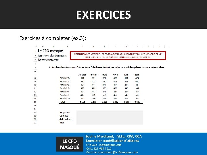 EXERCICES Exercices à compléter (ex. 3): LE CFO MASQUÉ Sophie Marchand, M. Sc. ,