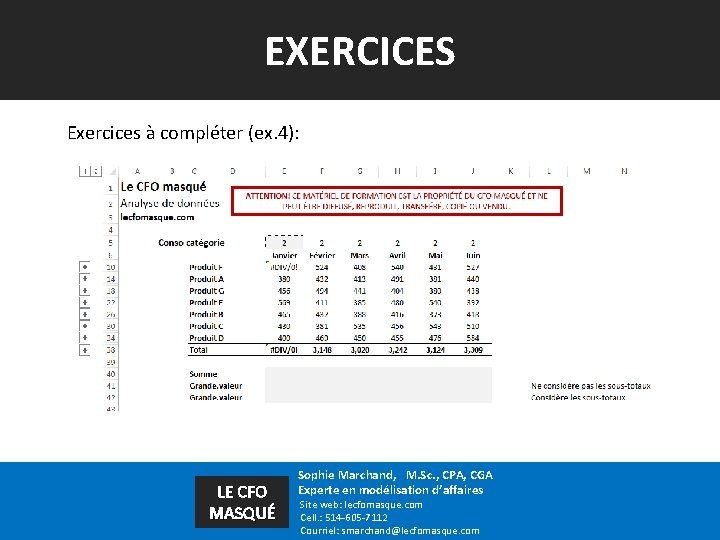 EXERCICES Exercices à compléter (ex. 4): LE CFO MASQUÉ Sophie Marchand, M. Sc. ,