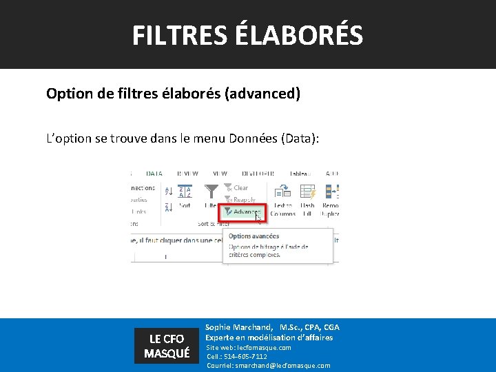 FILTRES ÉLABORÉS Option de filtres élaborés (advanced) L’option se trouve dans le menu Données