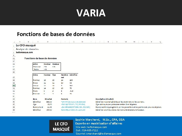 VARIA Fonctions de bases de données LE CFO MASQUÉ Sophie Marchand, M. Sc. ,