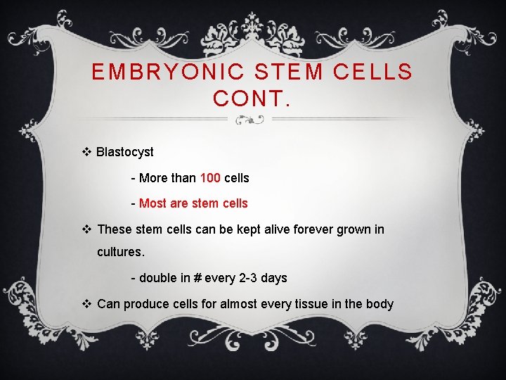 EMBRYONIC STEM CELLS CONT. v Blastocyst - More than 100 cells - Most are