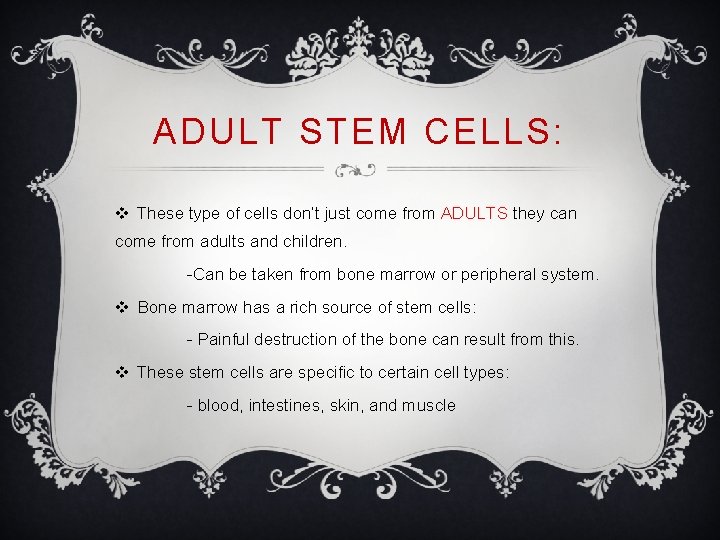 ADULT STEM CELLS: v These type of cells don’t just come from ADULTS they