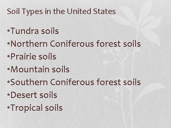 Soil Types in the United States • Tundra soils • Northern Coniferous forest soils