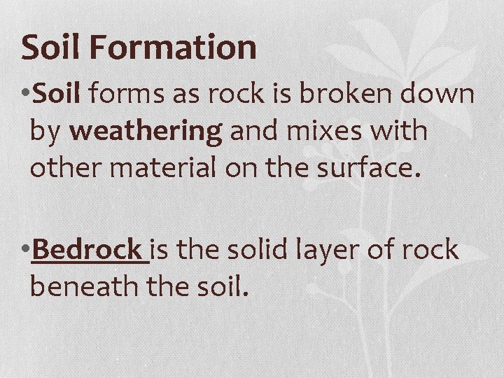 Soil Formation • Soil forms as rock is broken down by weathering and mixes