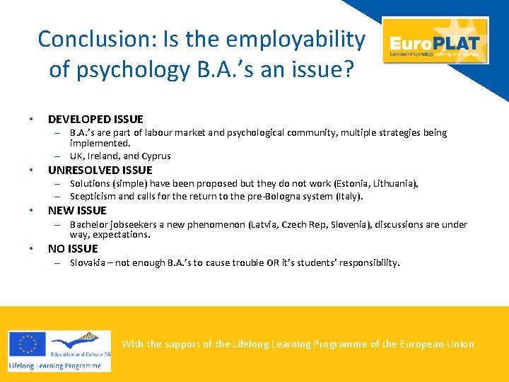 Conclusion: Is the employability of psychology B. A. ’s an issue? • DEVELOPED ISSUE