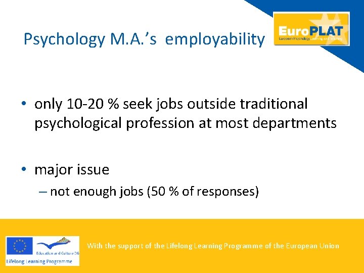 Psychology M. A. ’s employability • only 10 -20 % seek jobs outside traditional