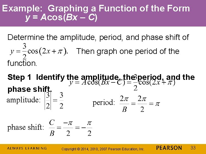 Example: Graphing a Function of the Form y = Acos(Bx – C) Determine the