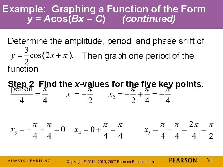 Example: Graphing a Function of the Form y = Acos(Bx – C) (continued) Determine