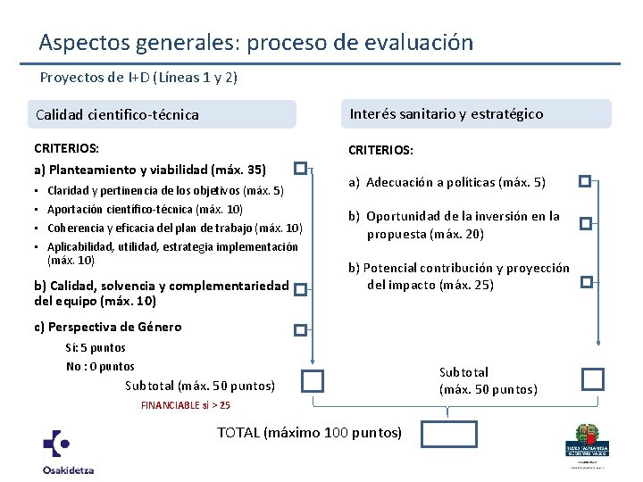 Aspectos generales: proceso de evaluación Proyectos de I+D (Líneas 1 y 2) Calidad cientifico-técnica