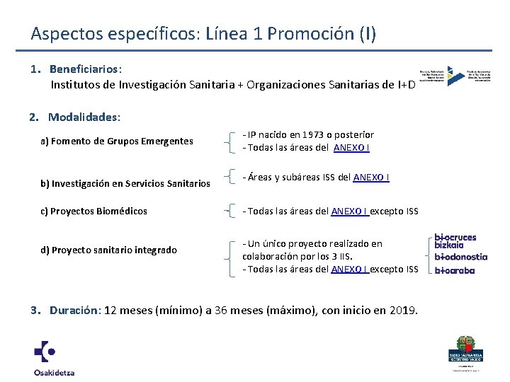 Aspectos específicos: Línea 1 Promoción (I) 1. Beneficiarios: Institutos de Investigación Sanitaria + Organizaciones