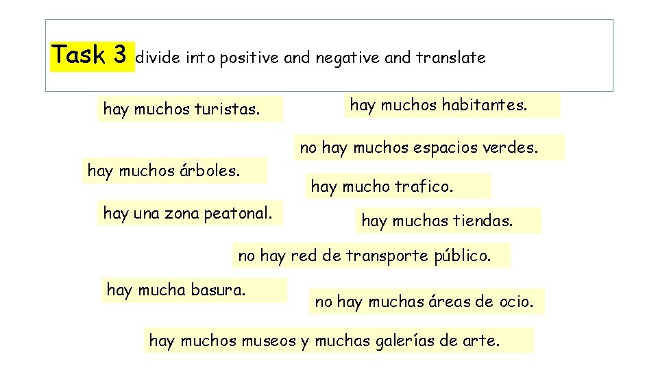 Task 3 divide into positive and negative and translate hay muchos turistas. hay muchos