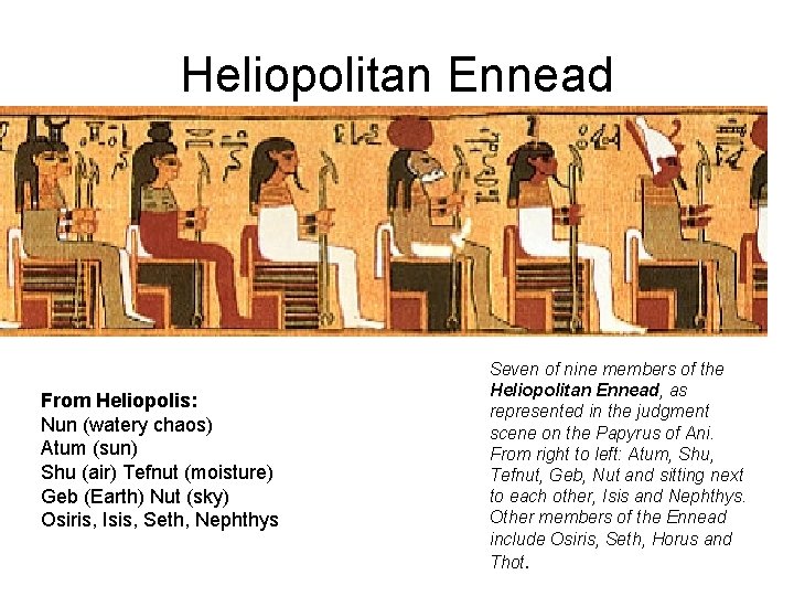 Heliopolitan Ennead From Heliopolis: Nun (watery chaos) Atum (sun) Shu (air) Tefnut (moisture) Geb