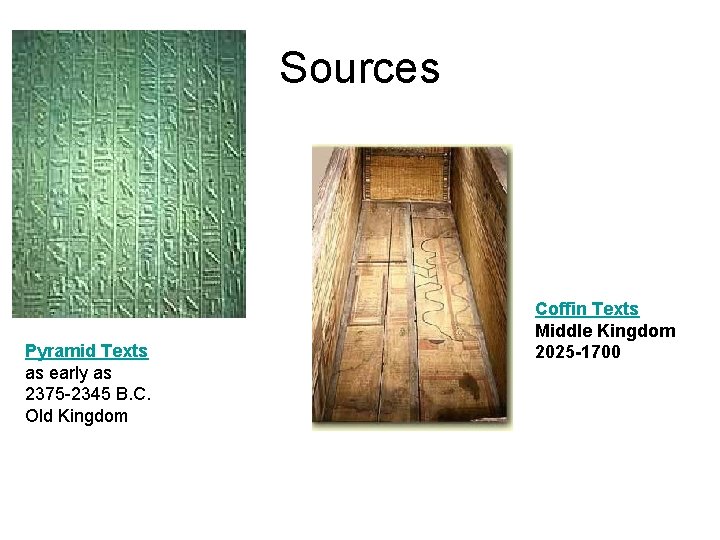 Sources Pyramid Texts as early as 2375 -2345 B. C. Old Kingdom Coffin Texts