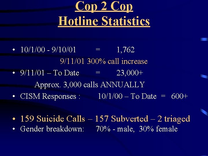 Cop 2 Cop Hotline Statistics • 10/1/00 - 9/10/01 = 1, 762 9/11/01 300%
