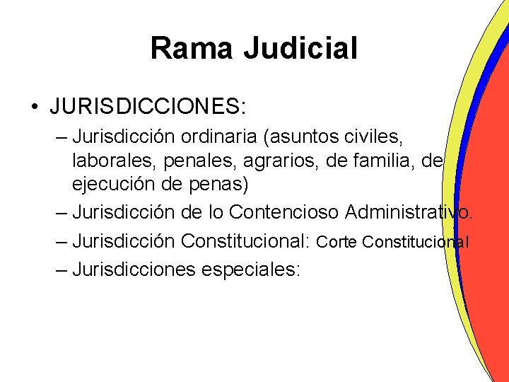 Rama Judicial • JURISDICCIONES: – Jurisdicción ordinaria (asuntos civiles, laborales, penales, agrarios, de familia,