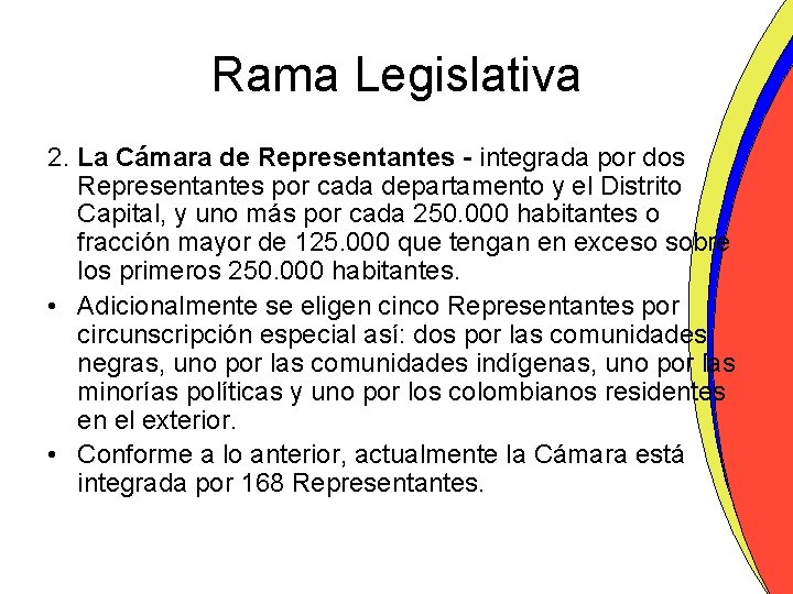 Rama Legislativa 2. La Cámara de Representantes - integrada por dos Representantes por cada